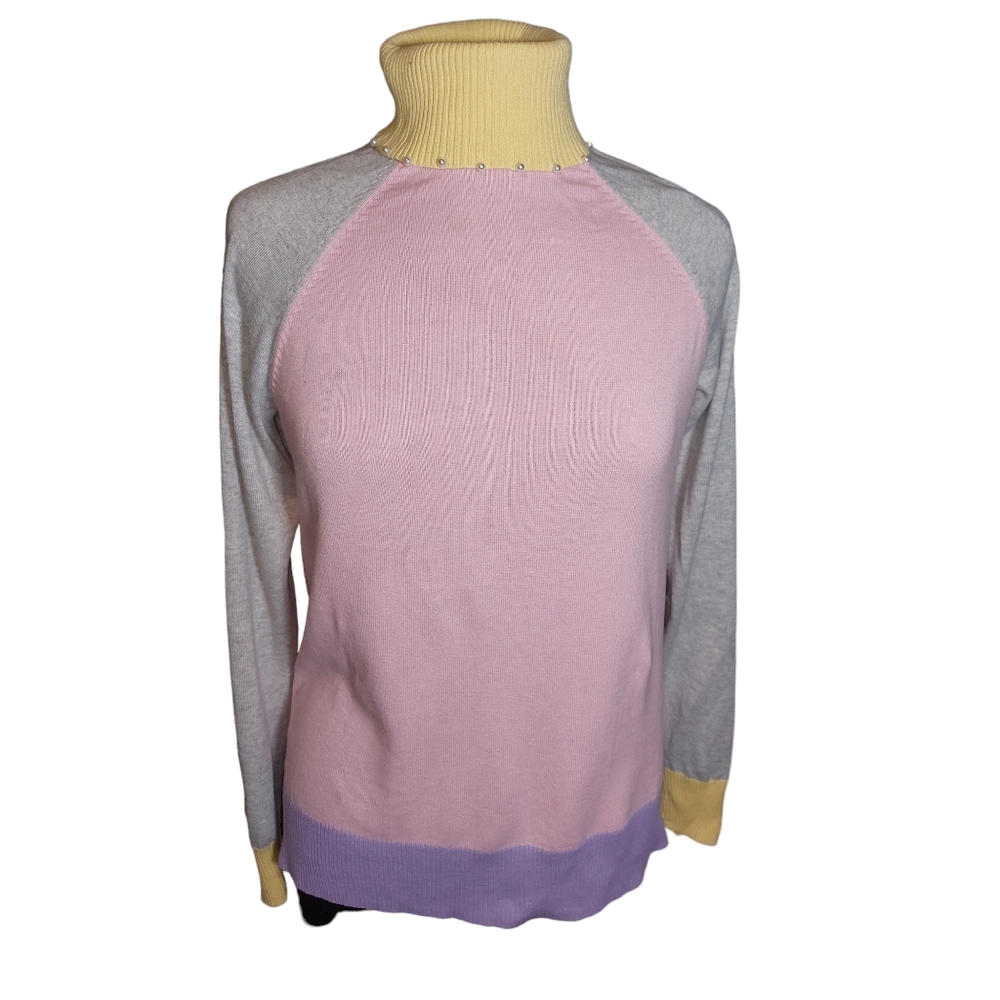 Embellished Ribbed Trim Slit Hem Color Block Long Sleeve Turtle Neck